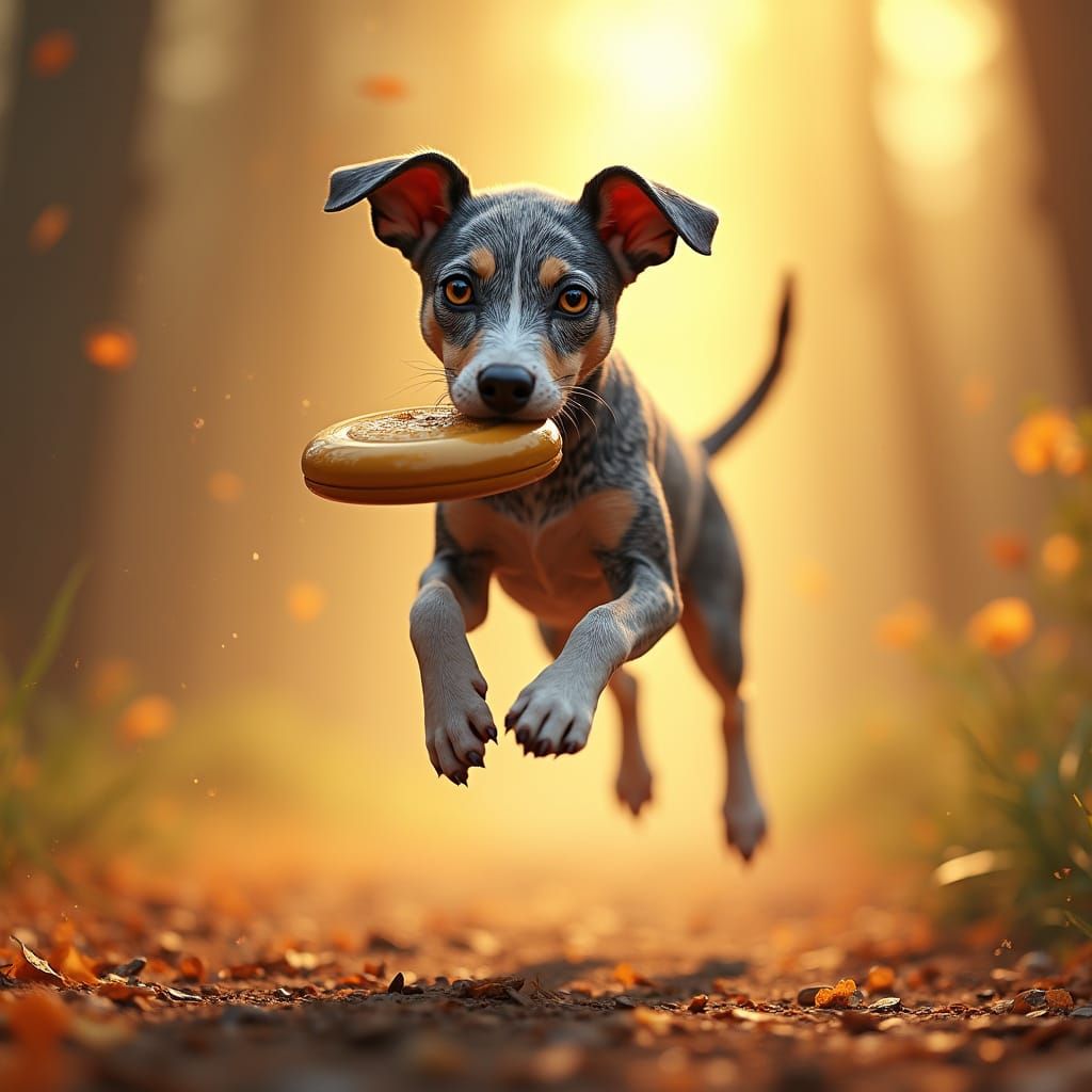 Vibrant Blue Merle Catahoula Leopard Dog in Mid-Air with Fri...