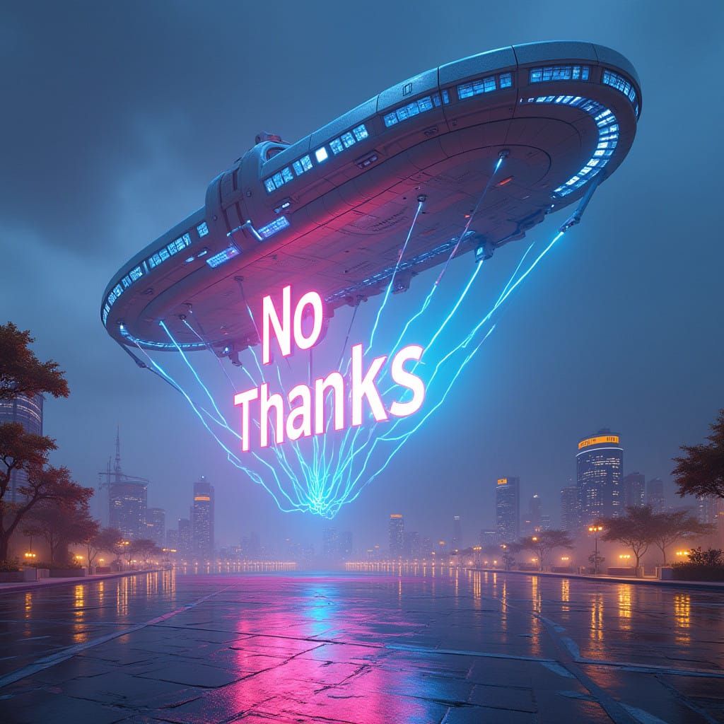 Electric Blue Spaceship Lands on DDP Building in Neon-Lit Se...