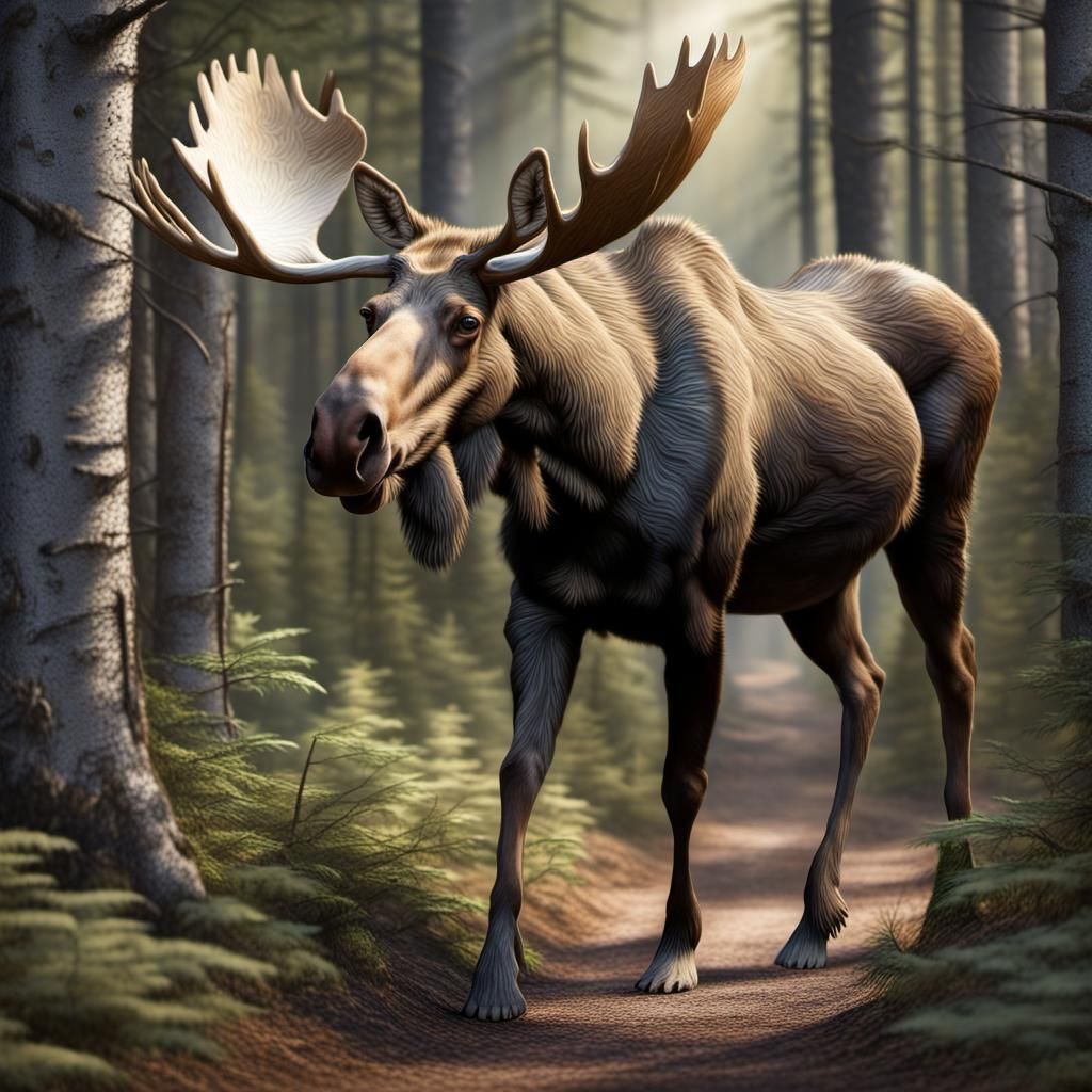 Moose on Forest Trail: Photorealistic Mixed Media