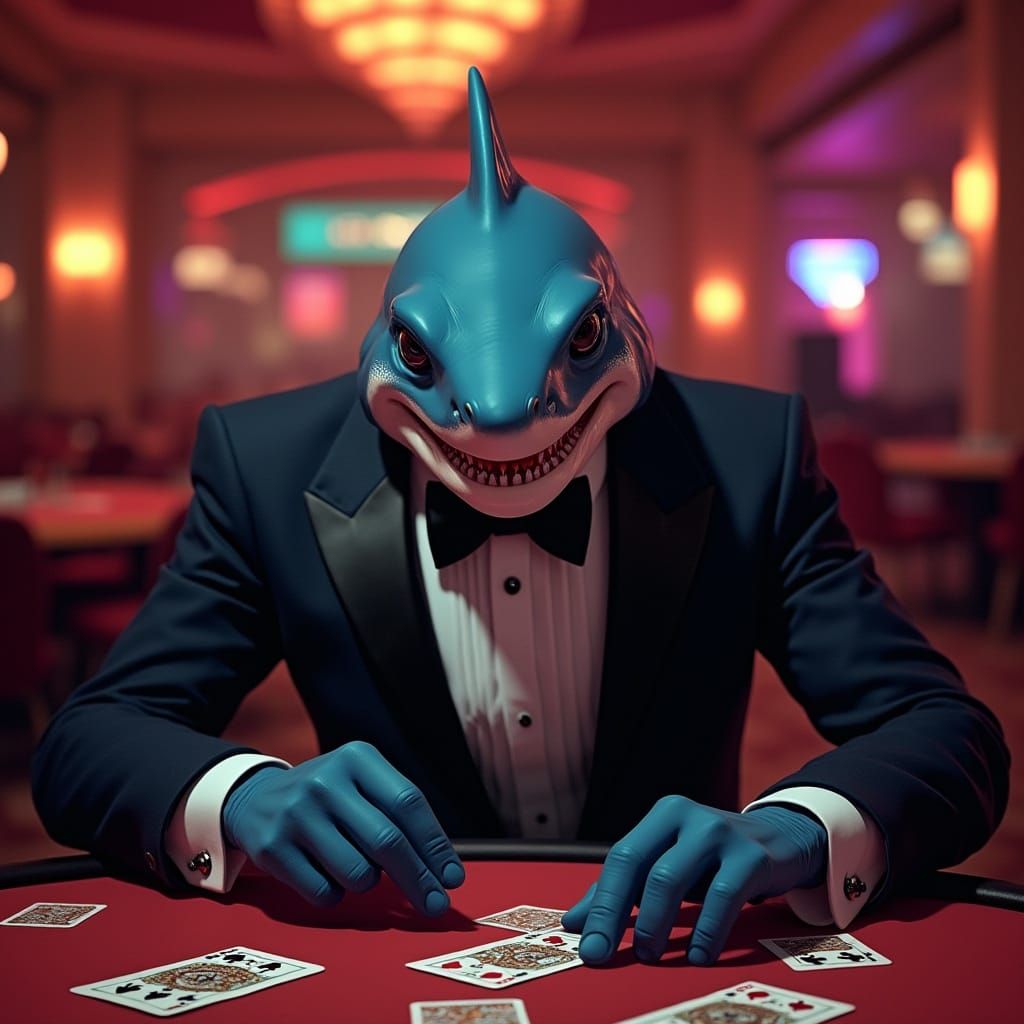 Anthropomorphic Shark Dealer in Noir Casino Setting