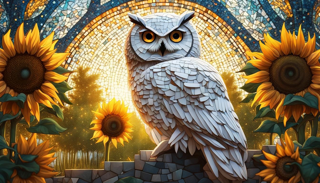 Mosaic White Night Owl In A Sunflower Biodome 1