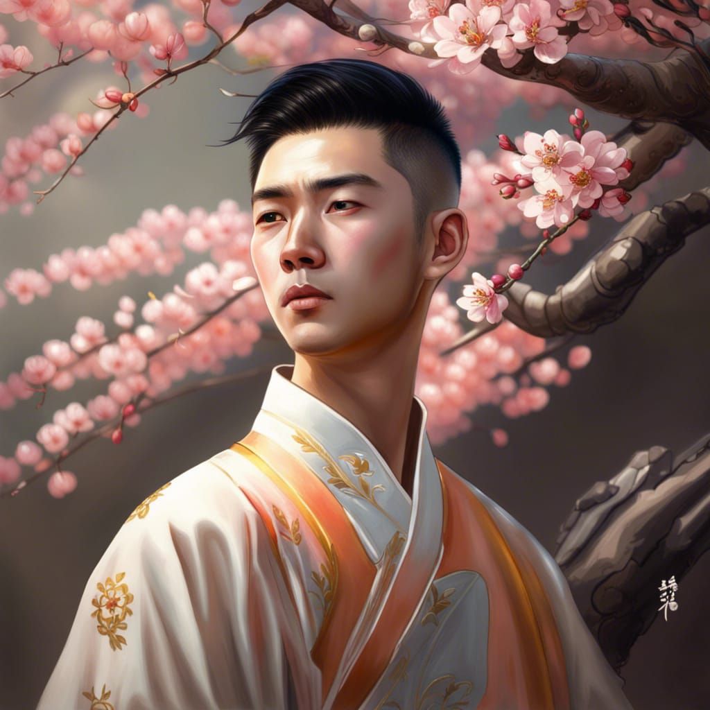 Golden-Eyed Man in Peach Dress, Hyperrealistic Art