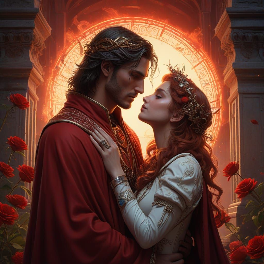 Crimson Sky Lovers Meeting in Ancient Ruins