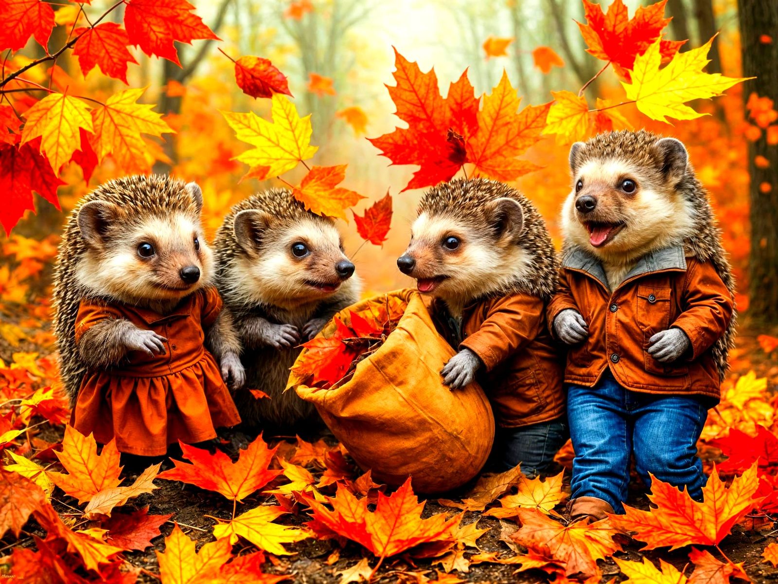 Adorable Fall Hedgehogs in Autumn Garden Charcoal Illustrati...