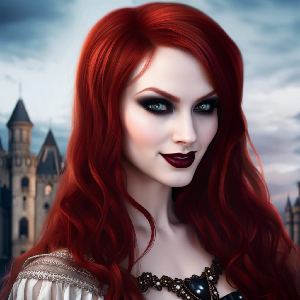 Redhead Vampire Portrait in Gothic Castle, Hyperrealistic St...