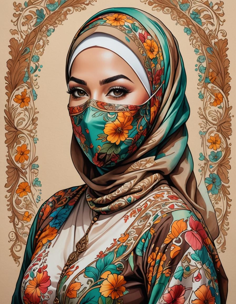 Pop Art Portrait of Woman in Hijab With Facemask