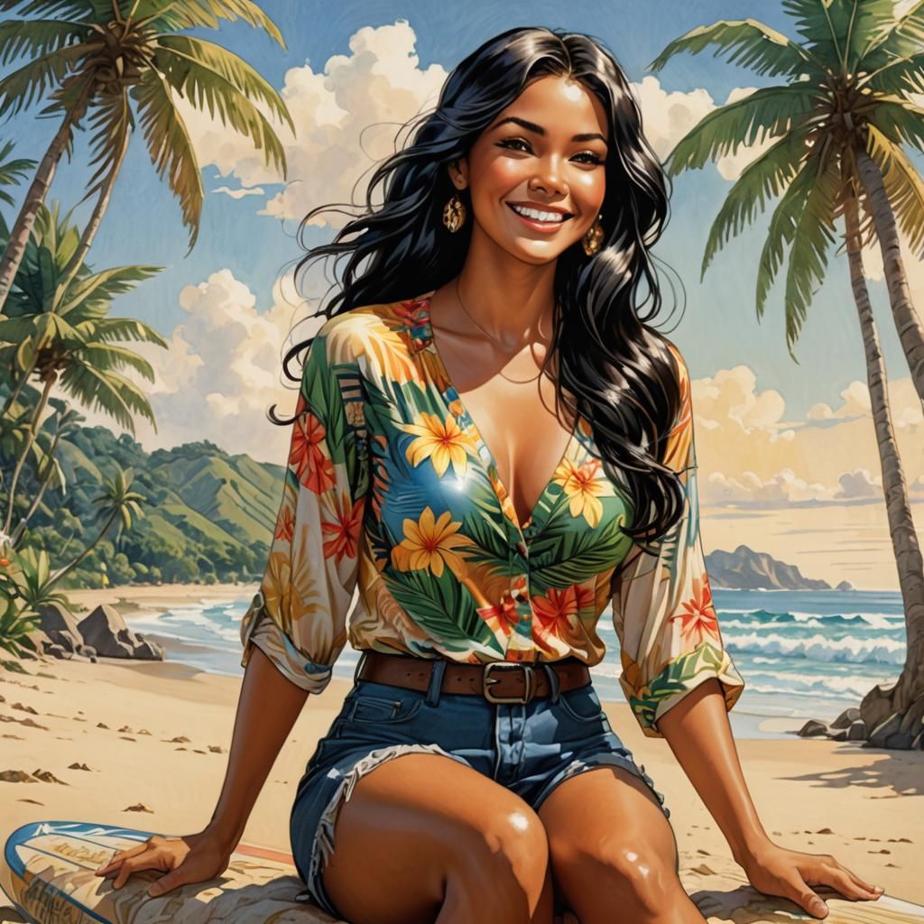 Radiant Surfer Girl on Tropical Beach