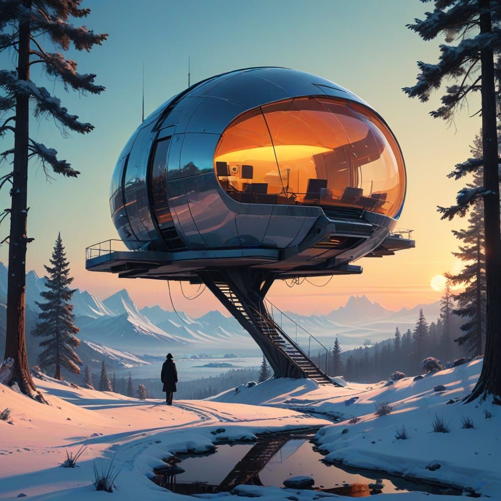 Futuristic Treehouse Pod in Snowy Science Fiction Landscape