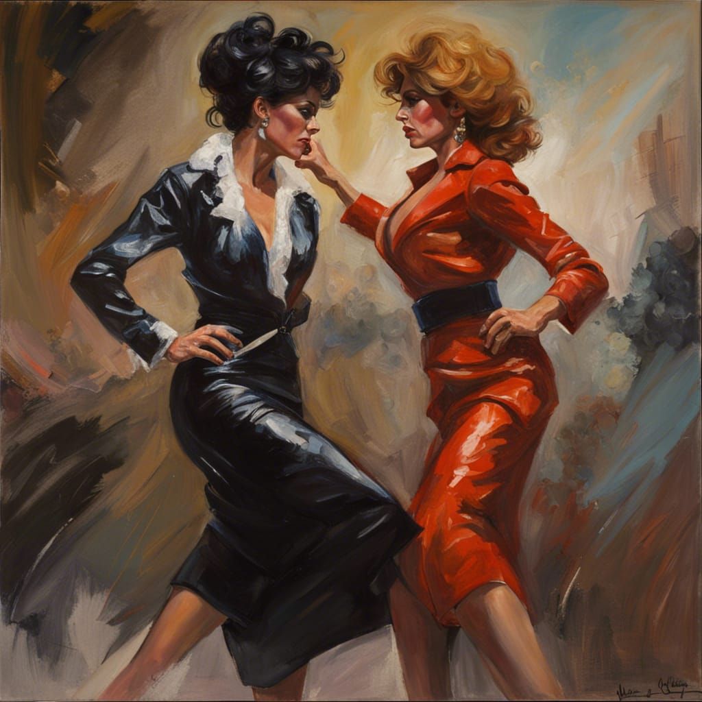 Dramatic Catfight Painting in Oil on Canvas