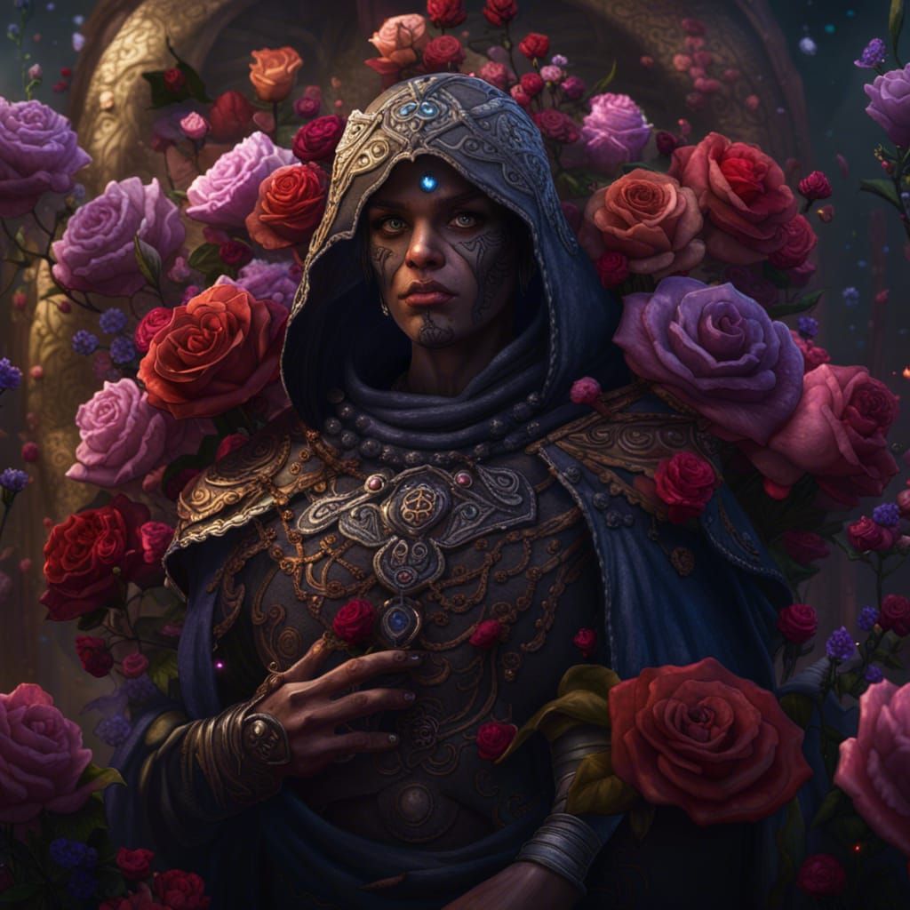 Earth Mage Surrounded by Roses in Dark Fantasy Style