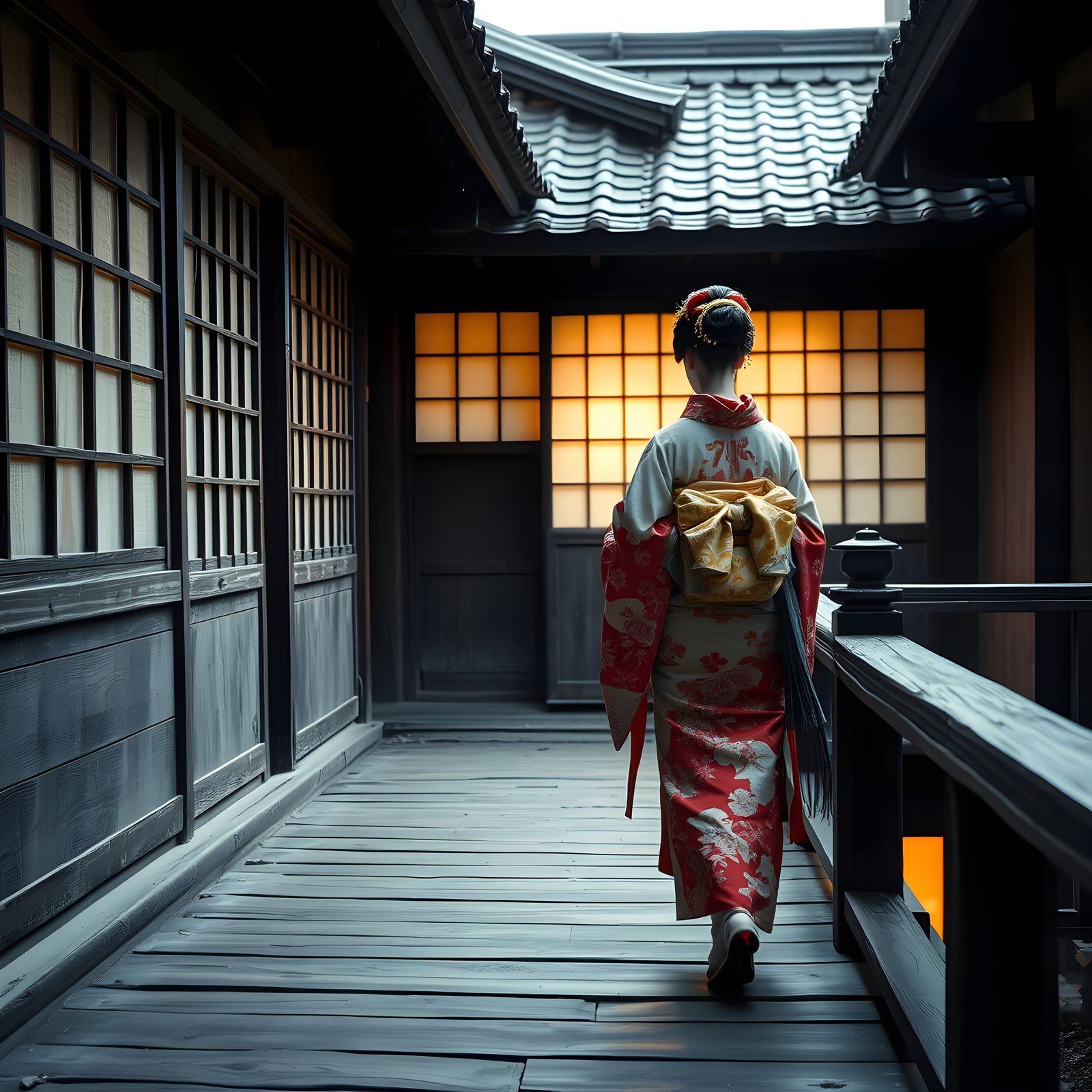 Geisha on Terrace in Japanese House