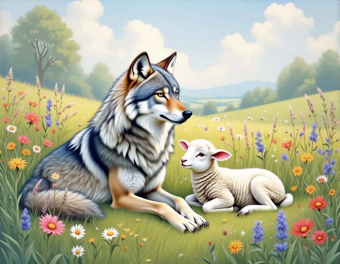 Wolf and Lamb in Meadow, Beatrix Potter Style