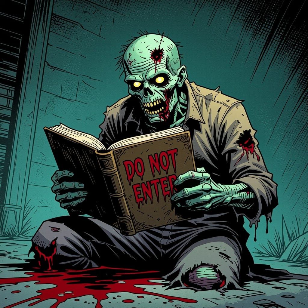 Zombie Reads Ominous 'Do Not Enter' Book in Graphic Style