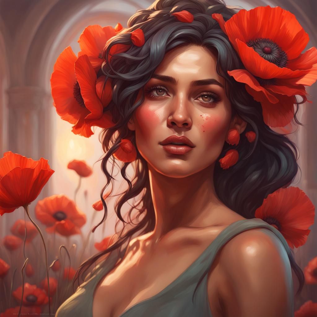 Latina Woman with Poppies: Hyperdetailed Portrait