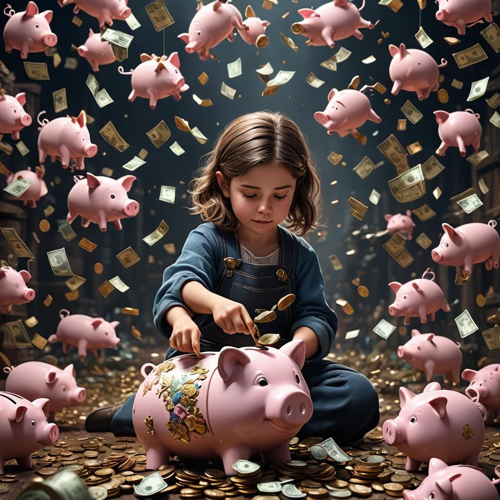 Girl Removing Money from Piggy Bank