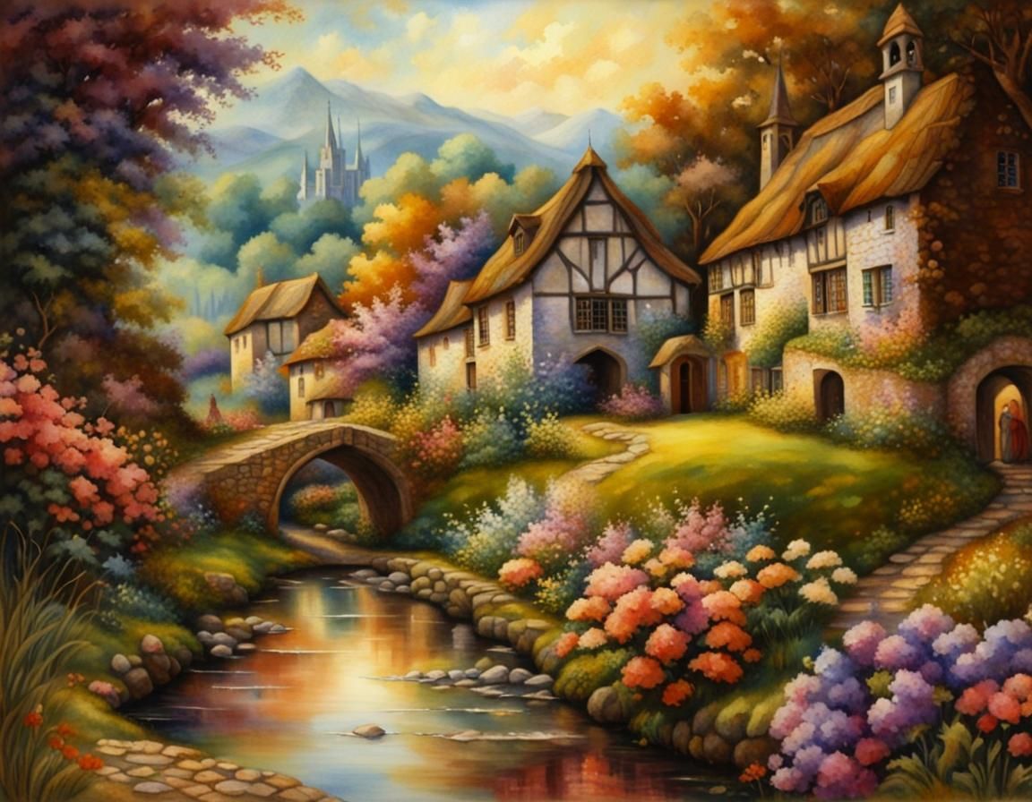 Charming English Village with Waterwheel in Fairycore Style