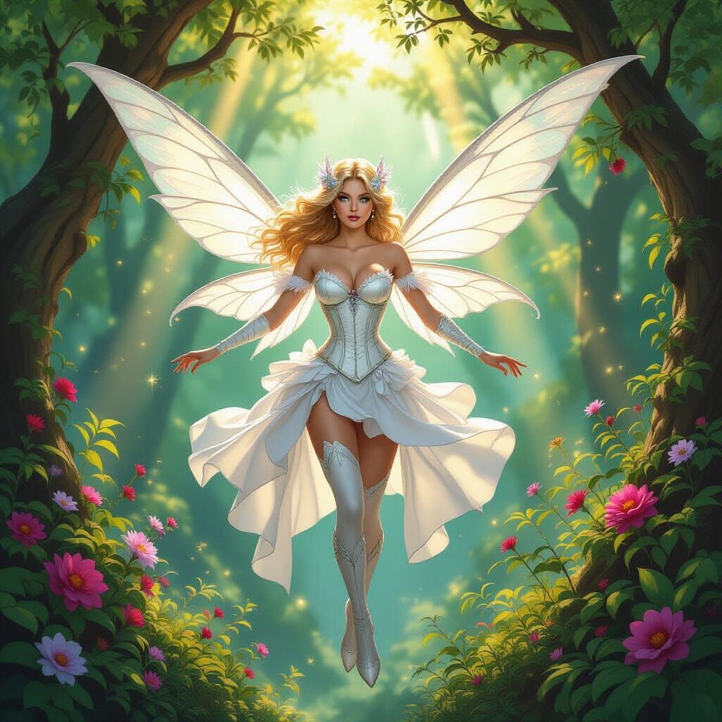 Majestic Winged Fairy Queen in Sun-Dappled Forest