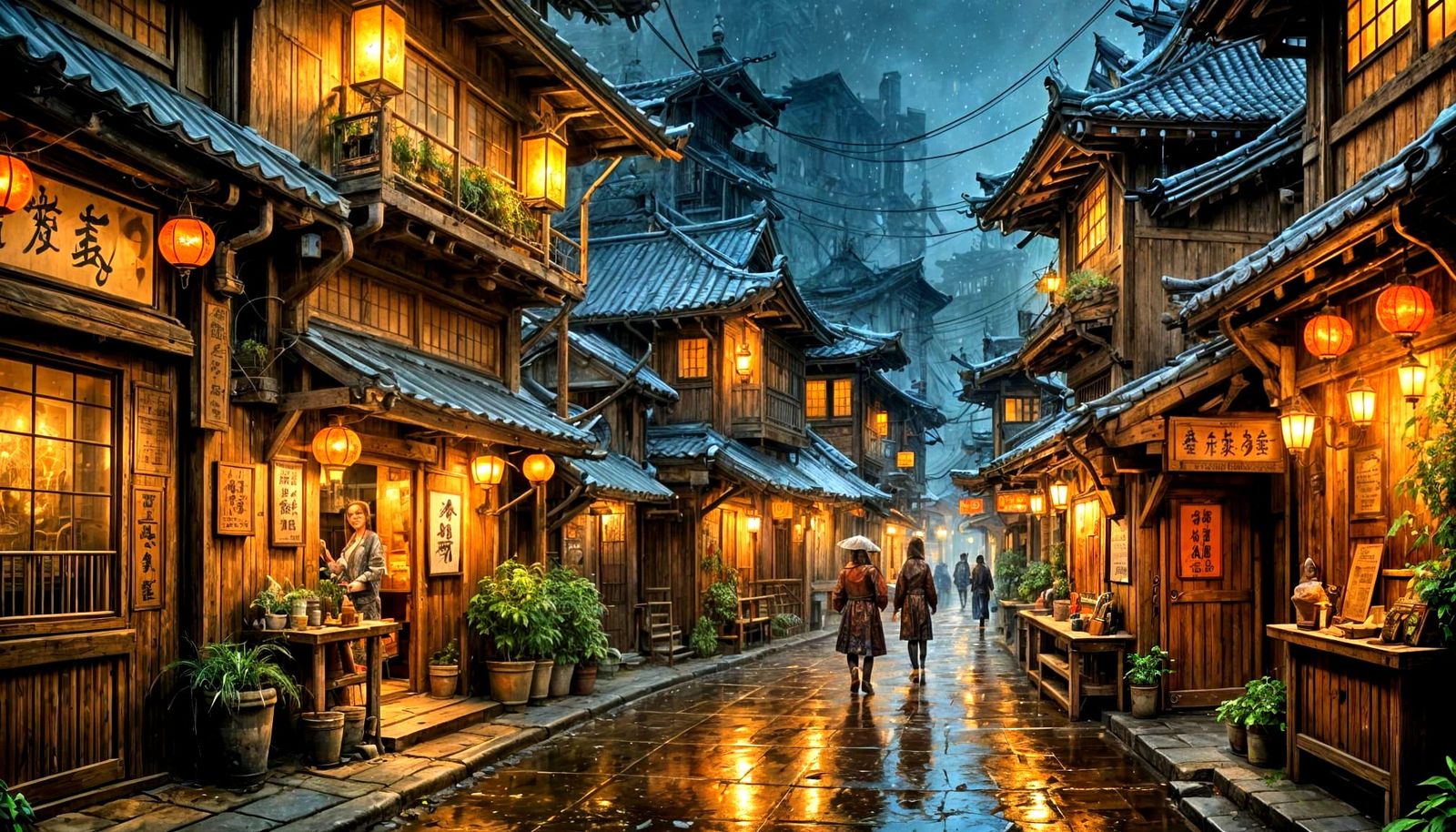 Rustic Japan Alleyway Painting on a Rainy Night