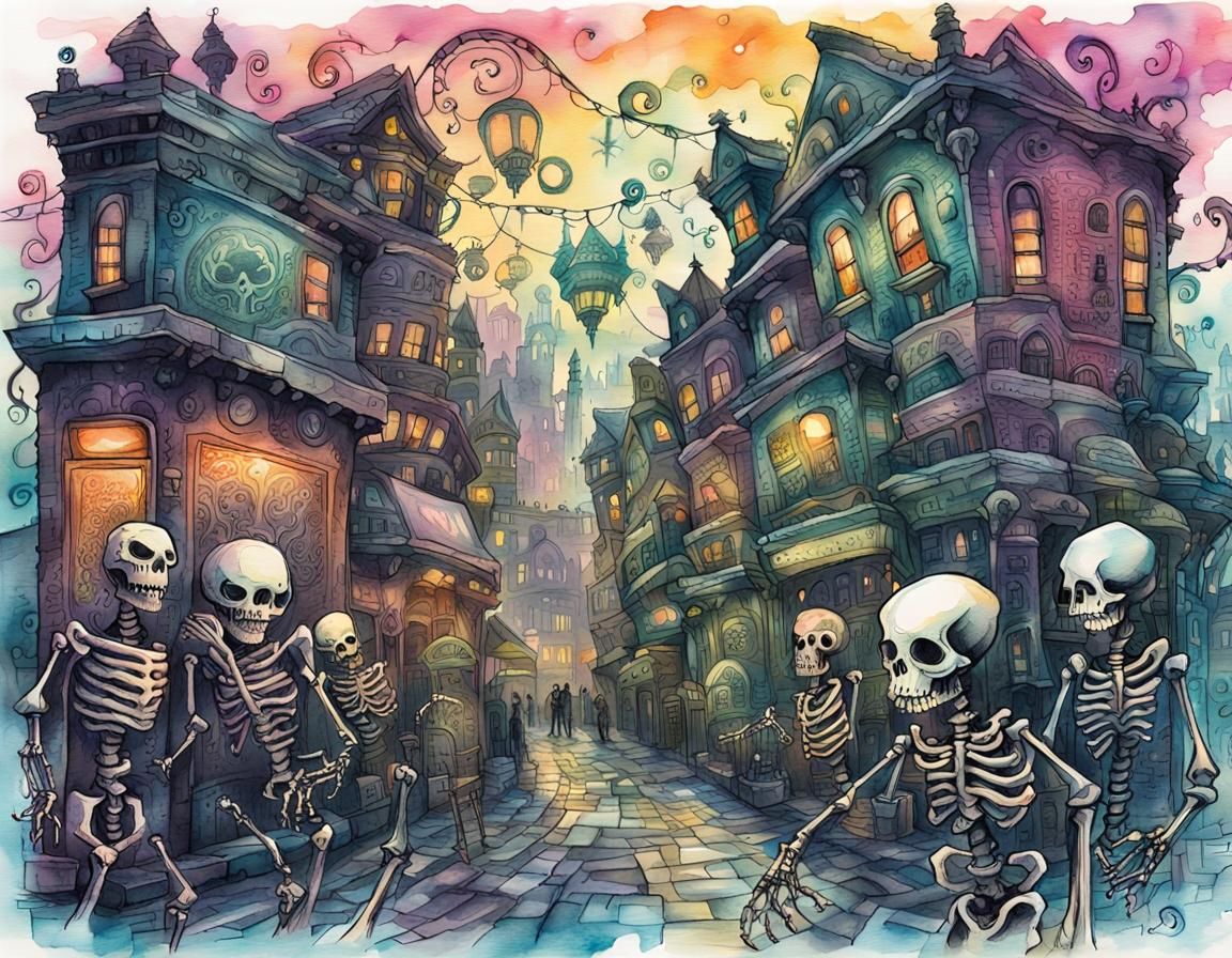 Cyberpunk Skeleton Monsters Celebrate: Watercolor Art