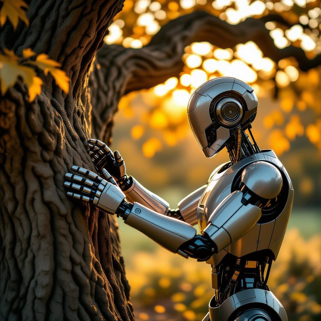 Robot and Ancient Oak Tree in Golden Sunlight