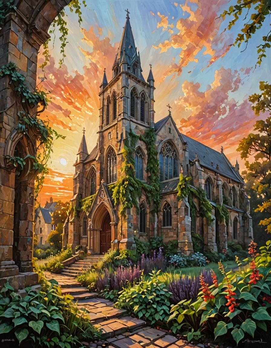 Gothic Church in Wild Garden: Acrylic Impasto Painting