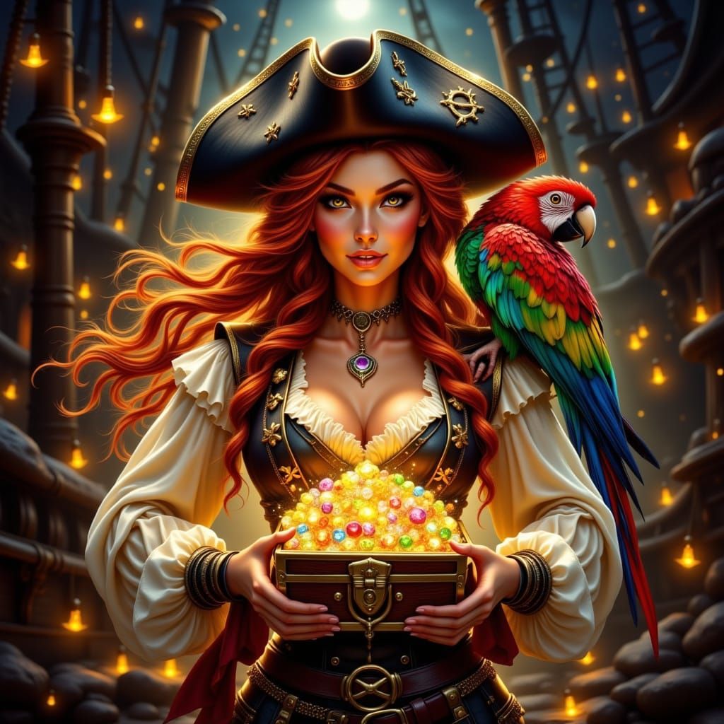 Female Pirate with Treasure Chest in Cinematic Style
