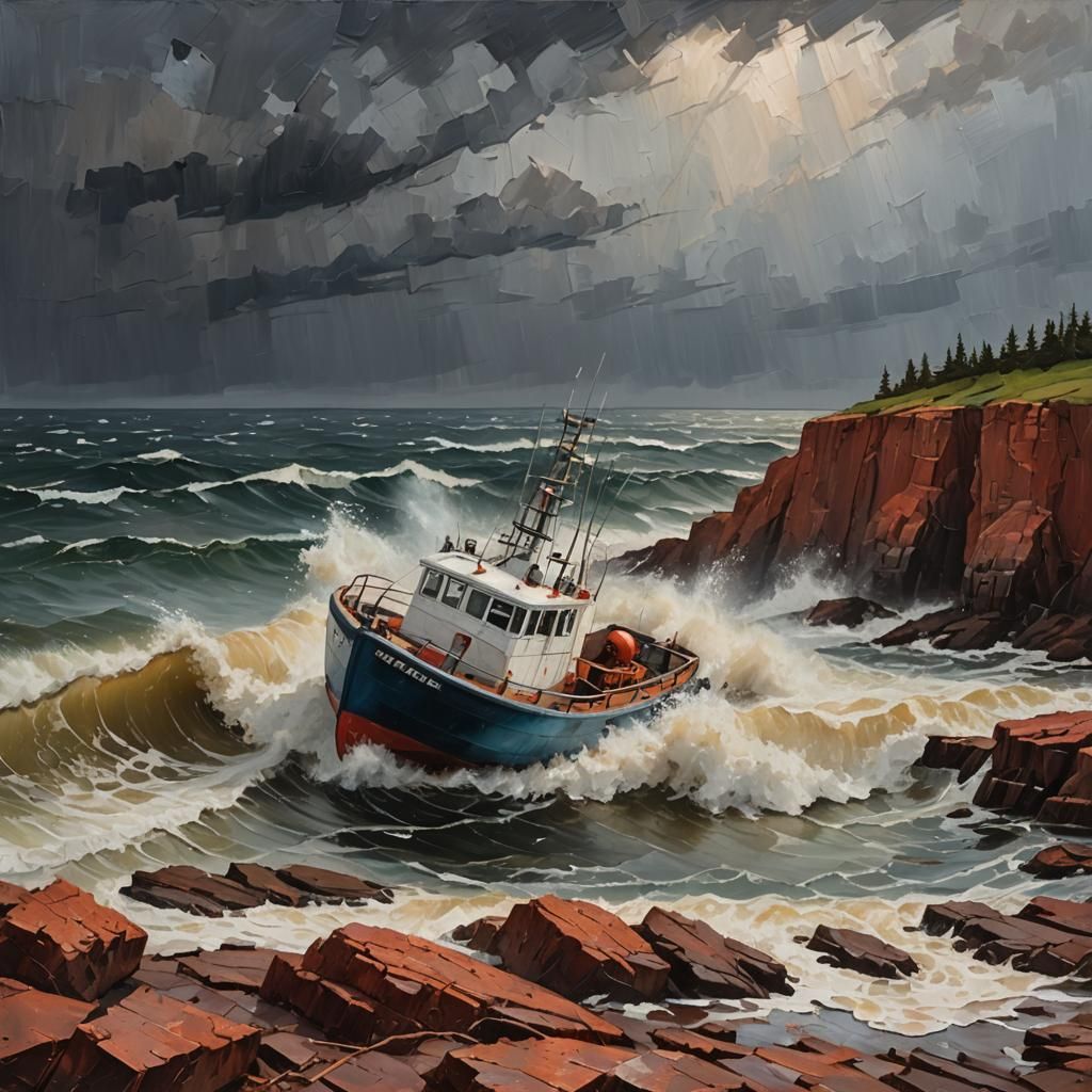Turbulent Seas: Lobster Boat in Impasto Oil Painting