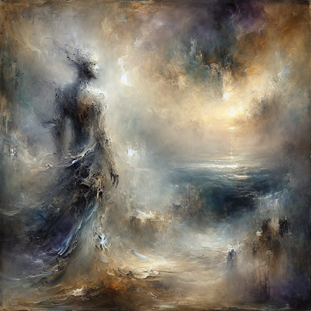 Ethereal Wanderer in Misty Sea, Expressionist Style