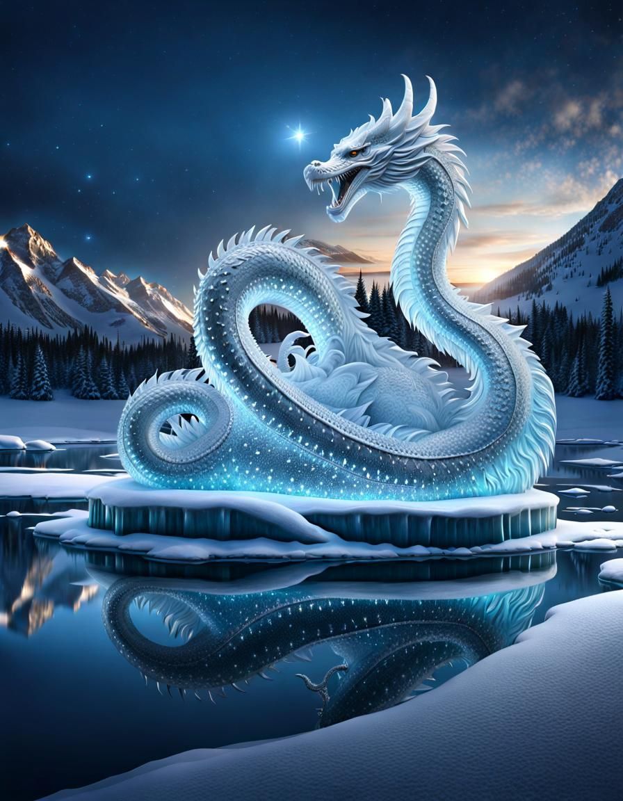 Intricate Ice Sculpture of a Sea Serpent