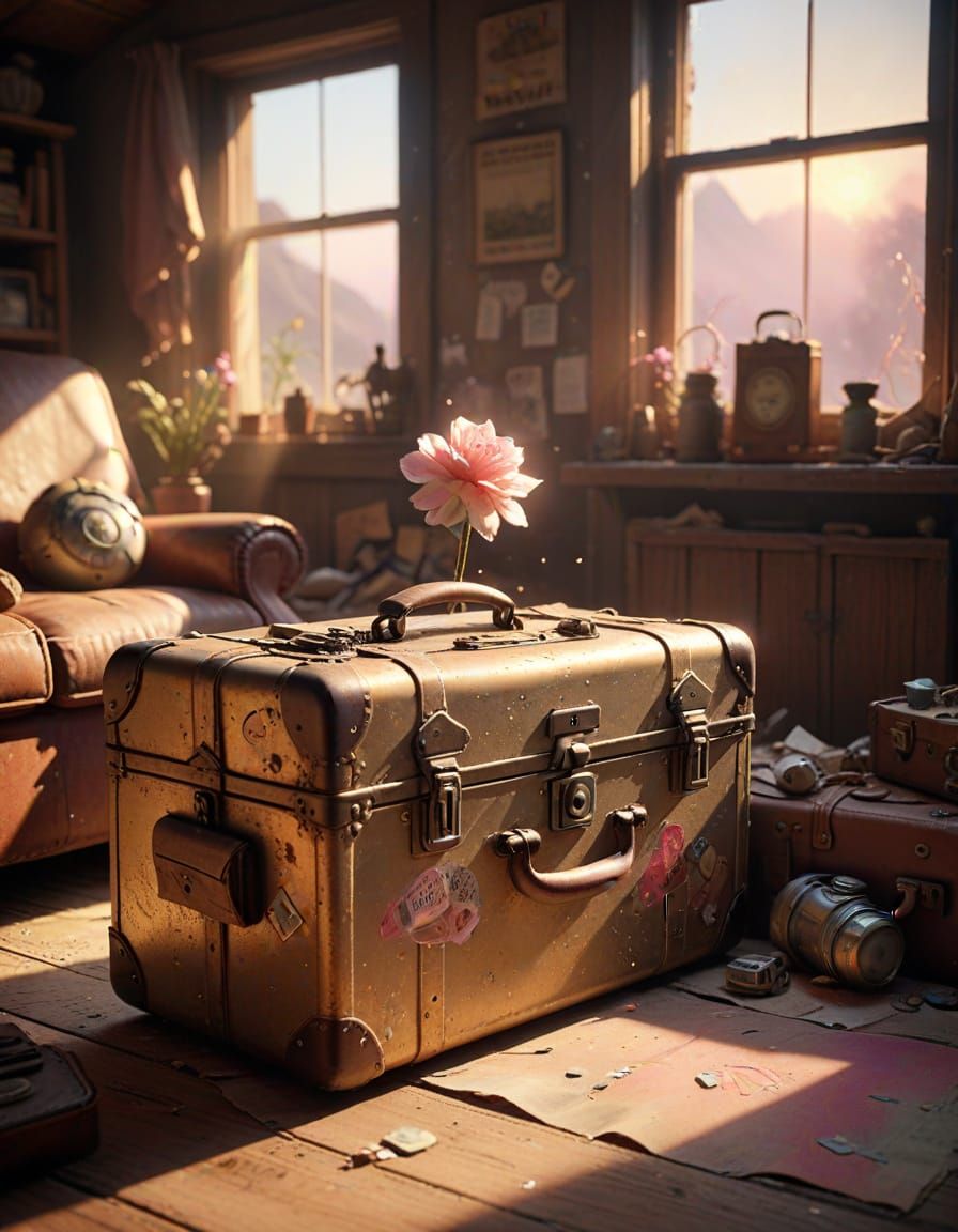Surreal Attic with Expressive Suitcase in Golden Light