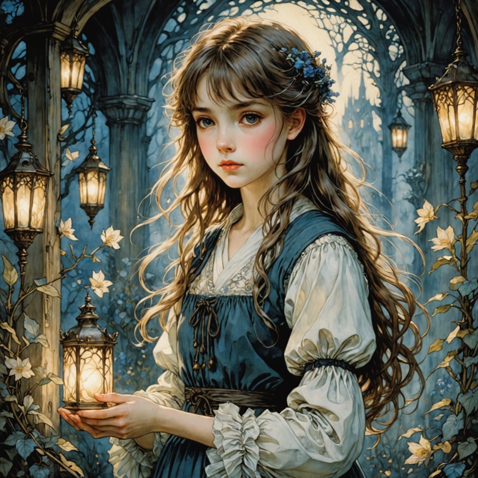 Gentle Maiden Sets Out Lanterns in a Whimsical Scene