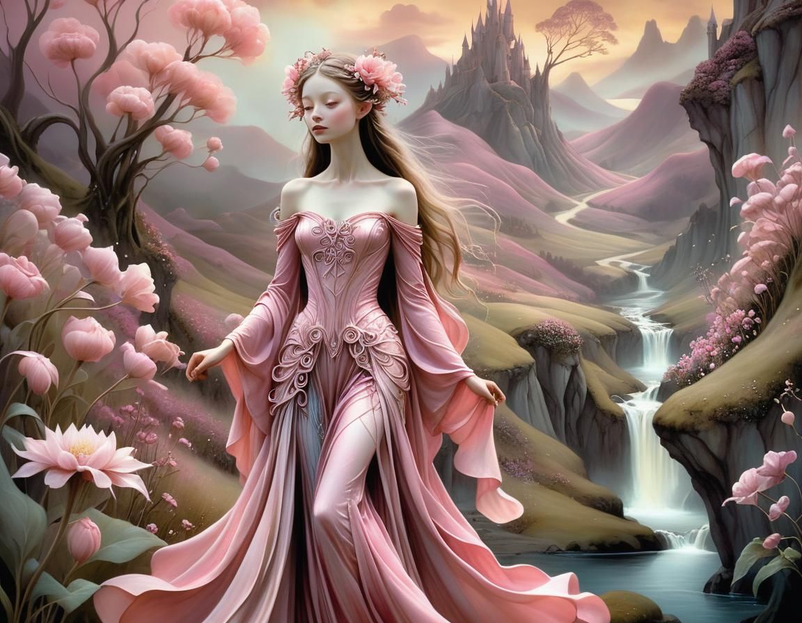 Pink Fairy in Fantasy Landscape, Brian Froud Style