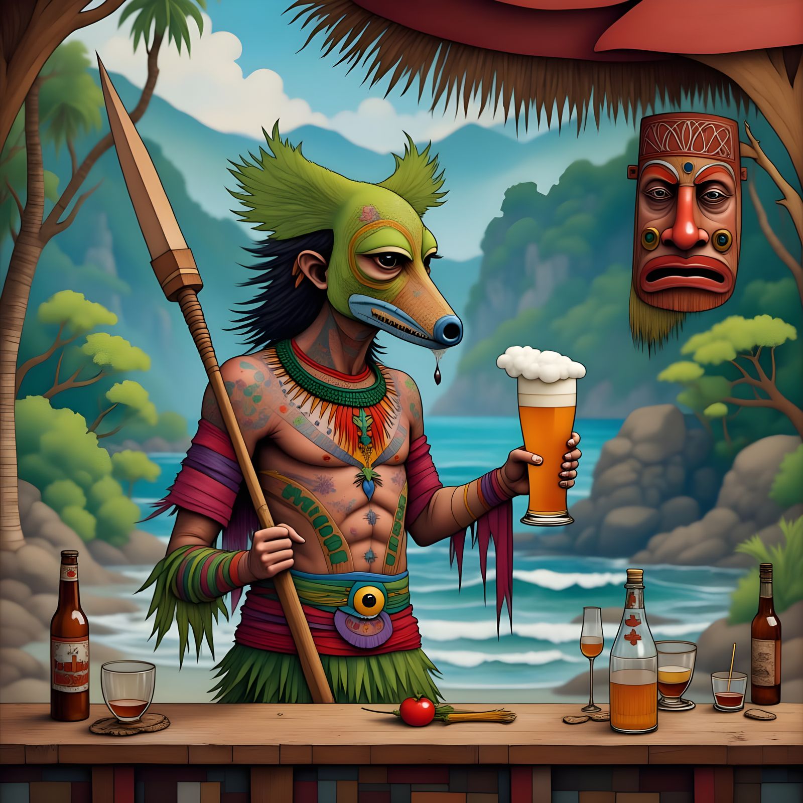 Tiki Warrior Sips Ale at Tropical Bar in Vibrant Cartoon Sty...