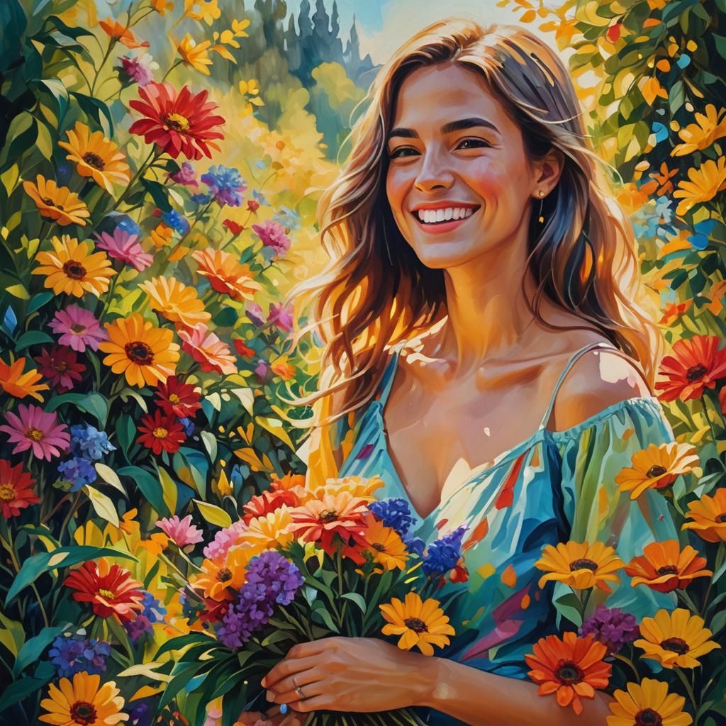 Radiant Woman in Sunlit Garden: Fauvist Oil Painting