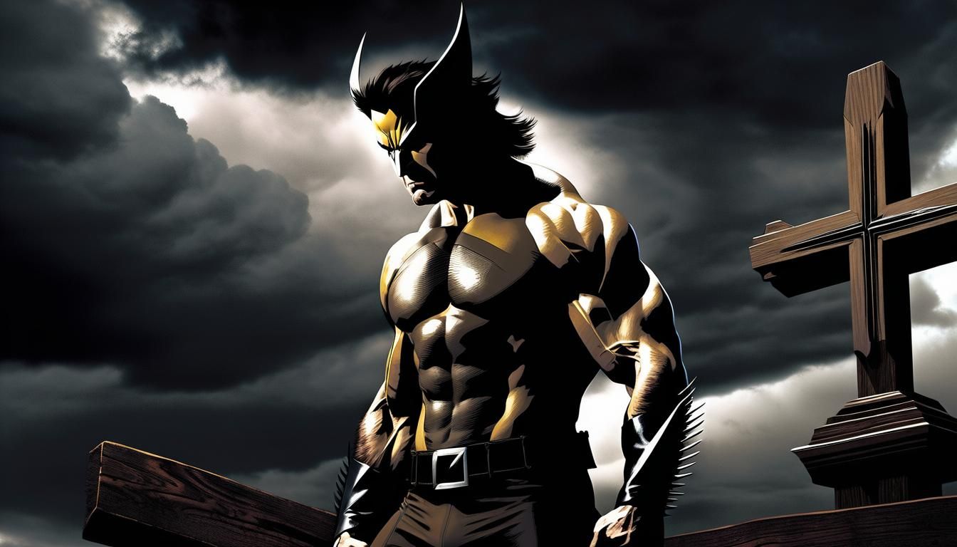 Wolverine Nailed to Cross Under Stormy Sky
