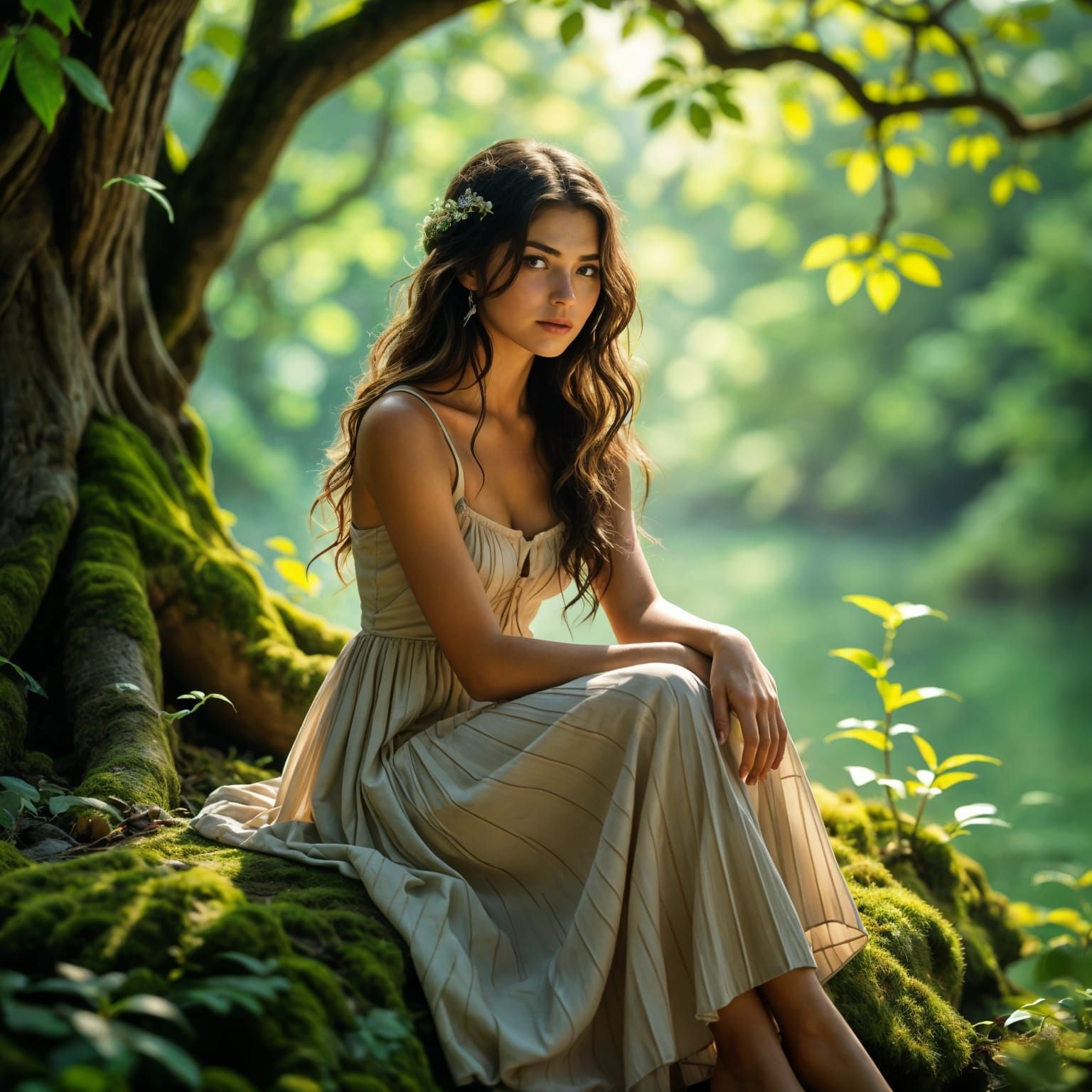 Serene Feral Woman in Sunlight, Naturalistic Painting