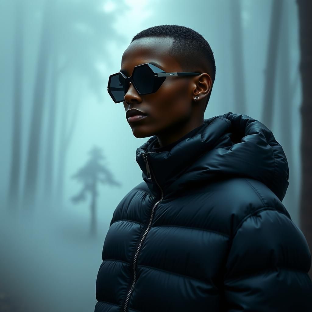 Futuristic Model in Foggy Forest, Cinematic 35mm Film