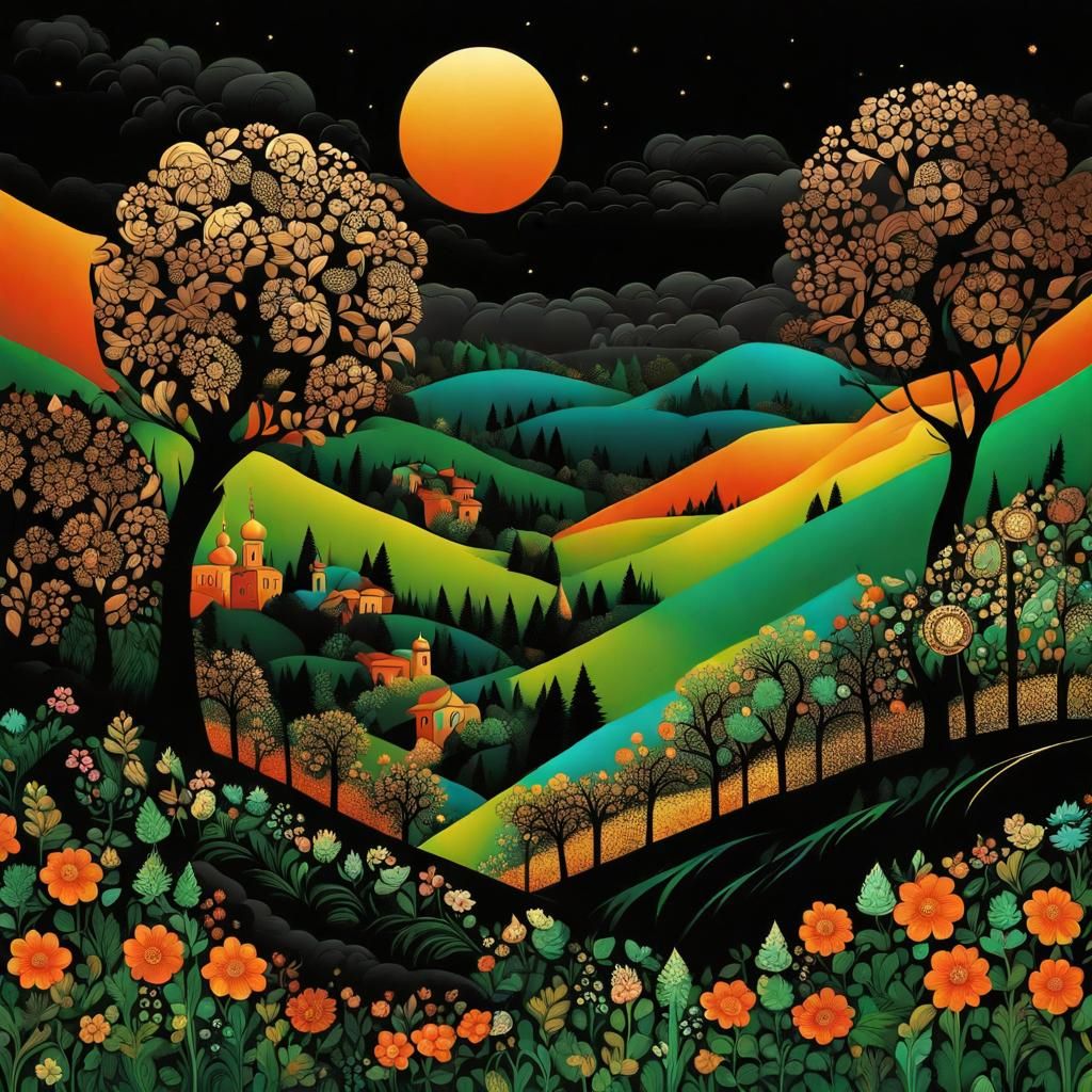 Vibrant Landscape in Palekh Style with Black Sky