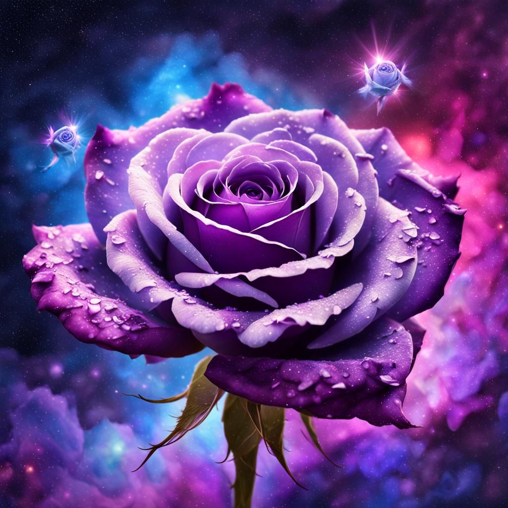 Hyperrealistic Purple Rose with Holographic Leaves