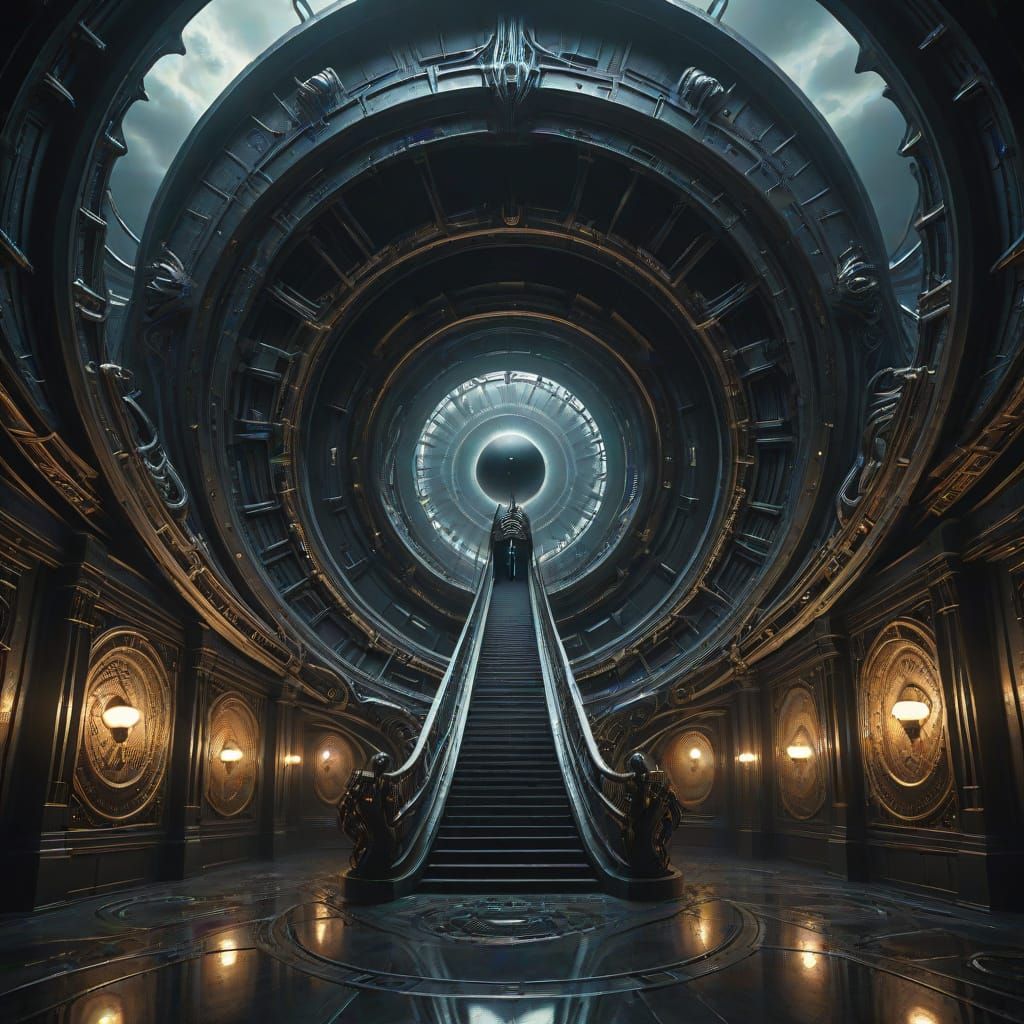 Giant Elevator Descends into Vortex Under Black Sun