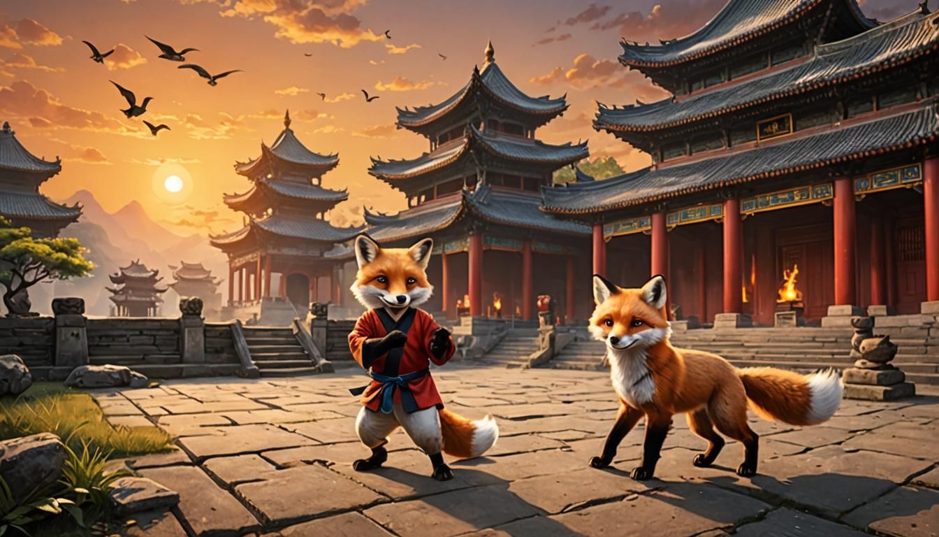 Kung-Fu Lesson: Master and Apprentice Fox in Temple Ruins