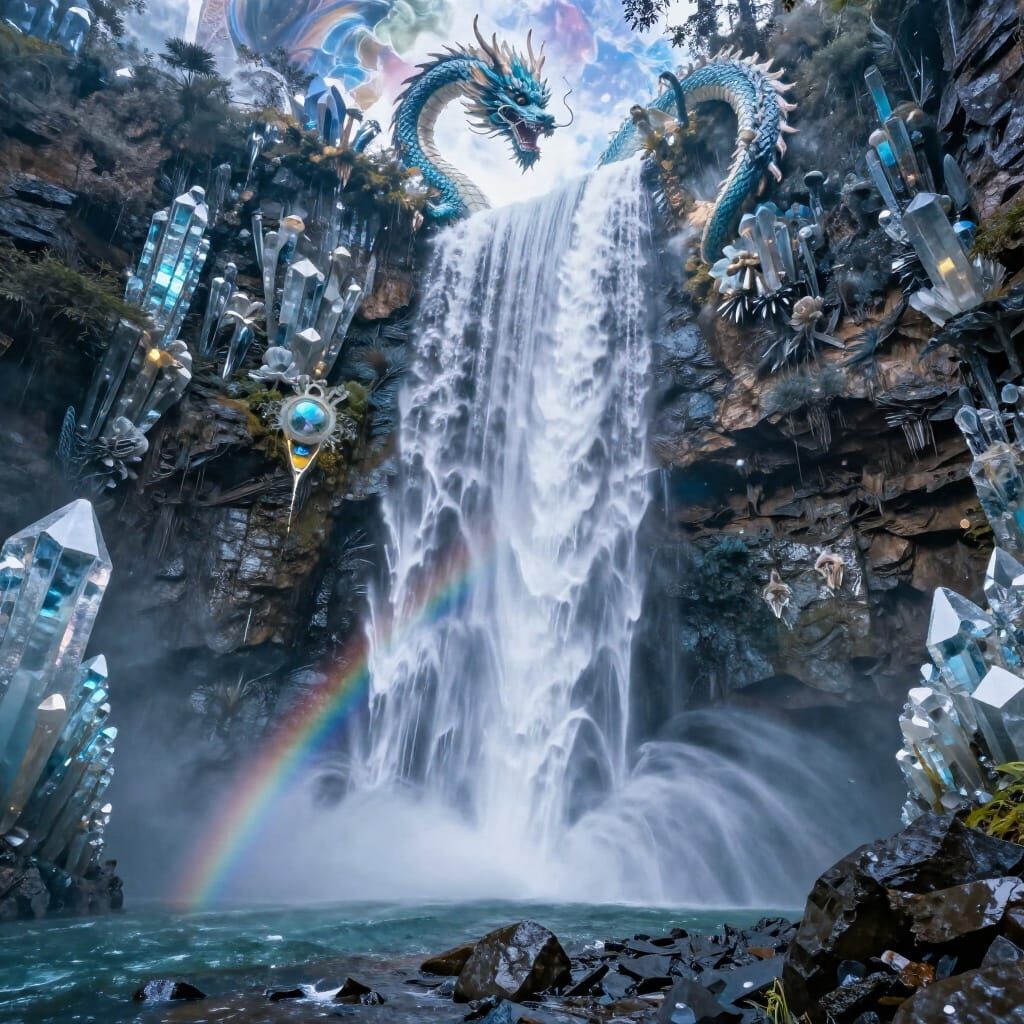 Celestial Dragon Over Crystal Waterfall
