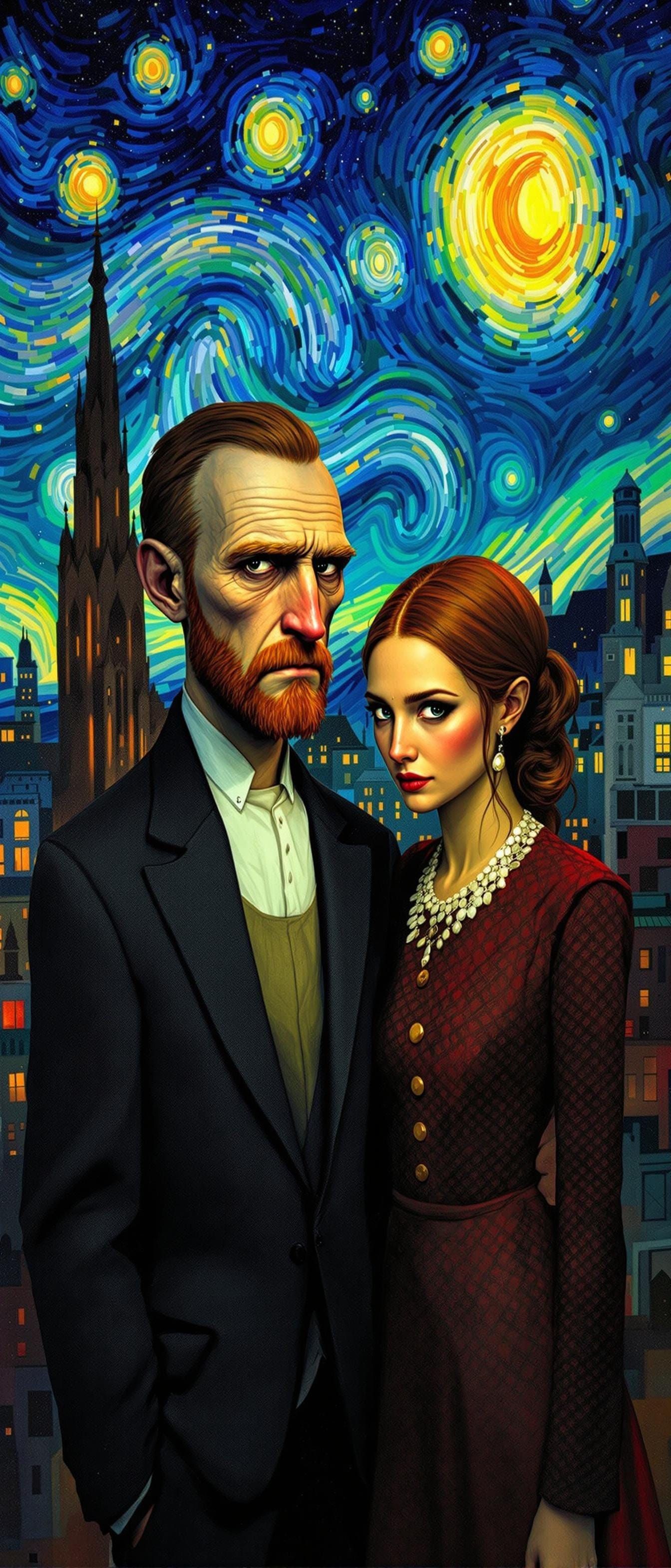 American Gothic Meets Starry Night in Digital Art