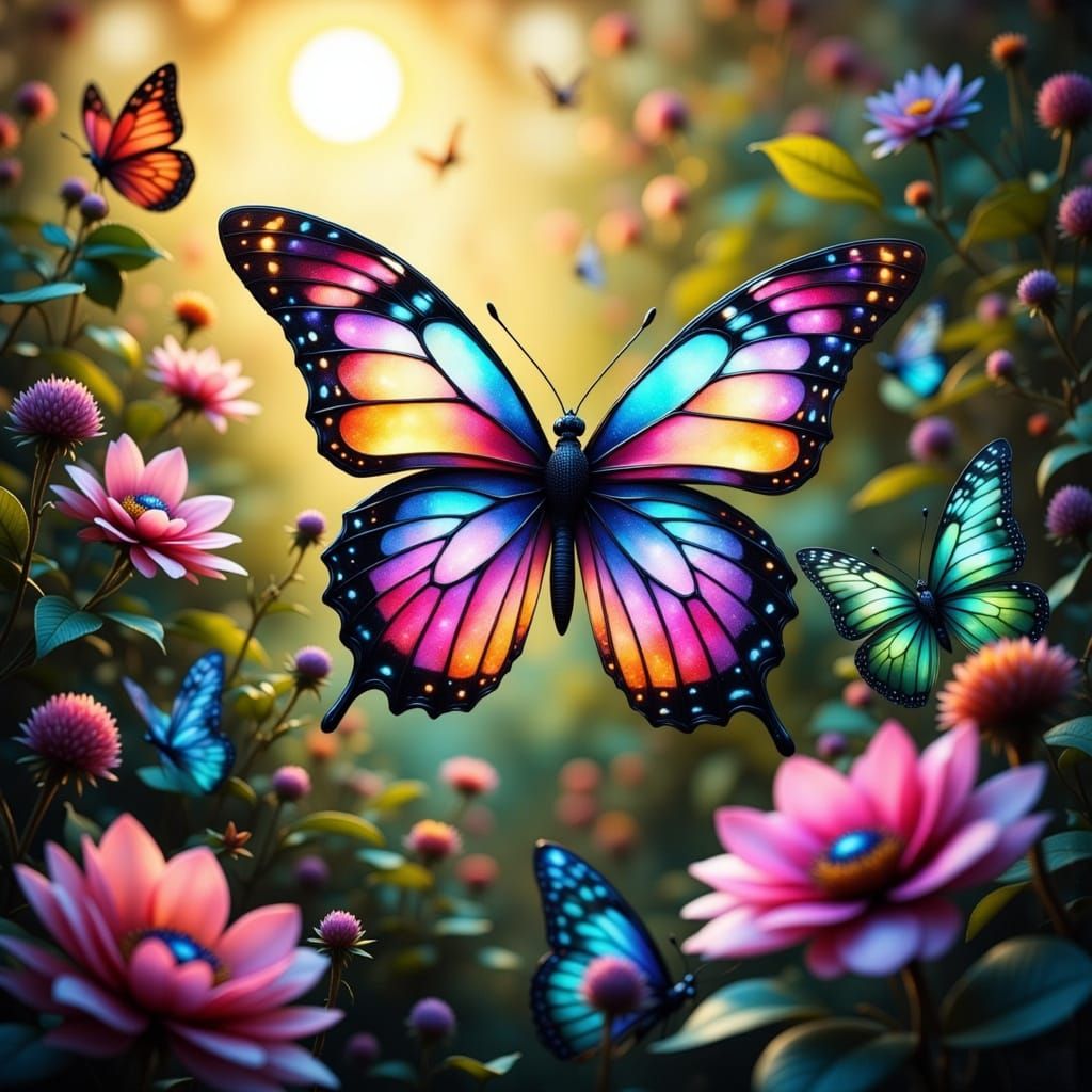 Whimsical Butterflies in Dreamlike Landscape