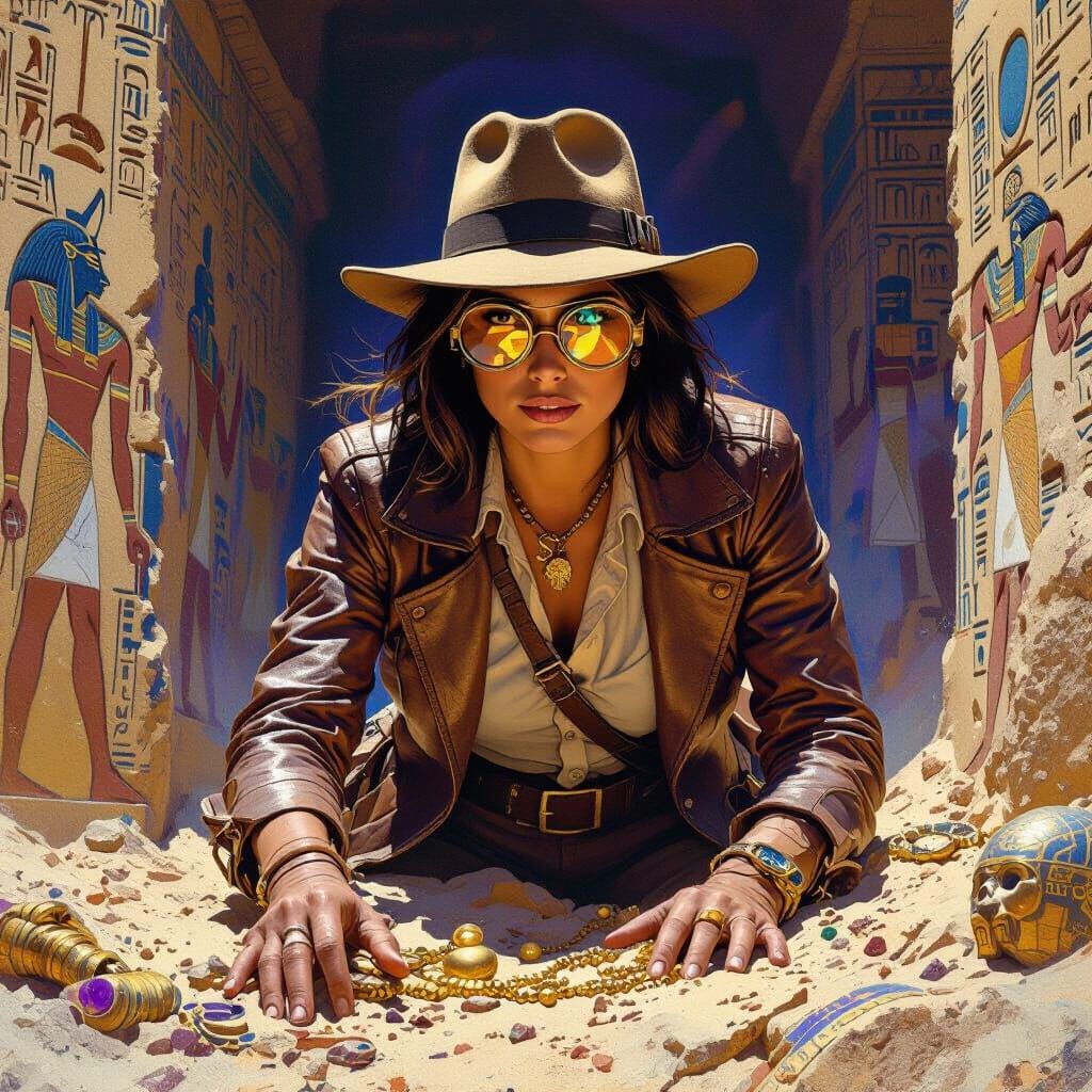 Female Archeologist Unearths Egyptian Tomb as Oil Painting