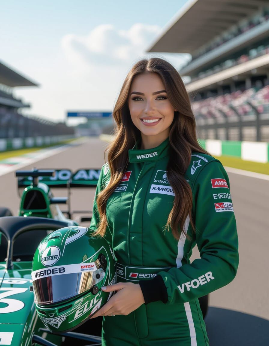 Russian Woman in Racing Uniform by Formula Car