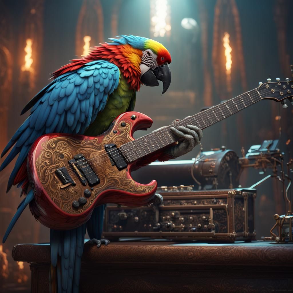 Parrot Plays Electric Guitar in Heavy Metal Style