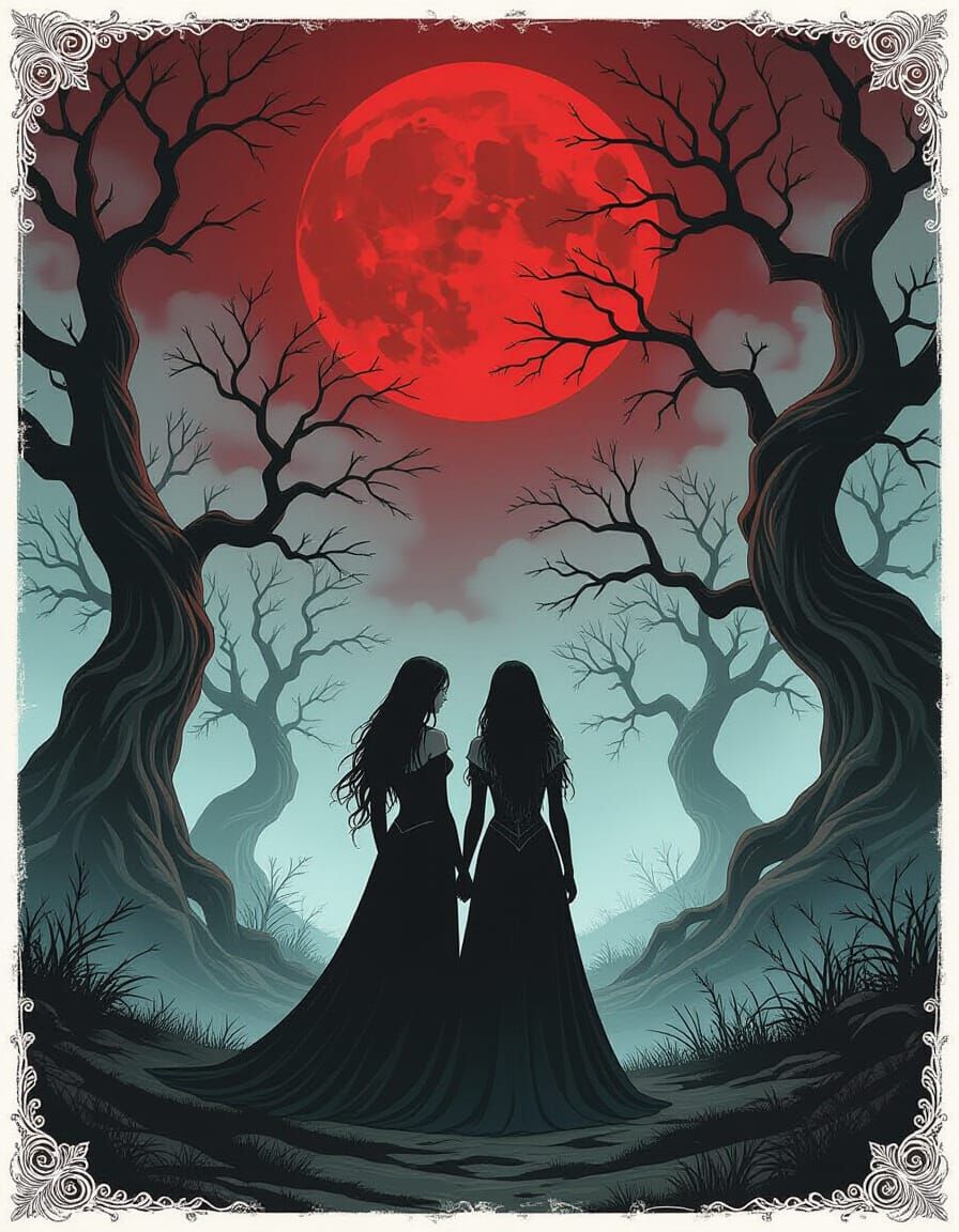 Mystical Women Embrace Under Blood Moon, Gothic Art