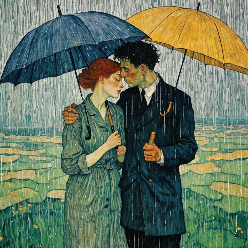Couple in Summer Rain, Expressionist Style