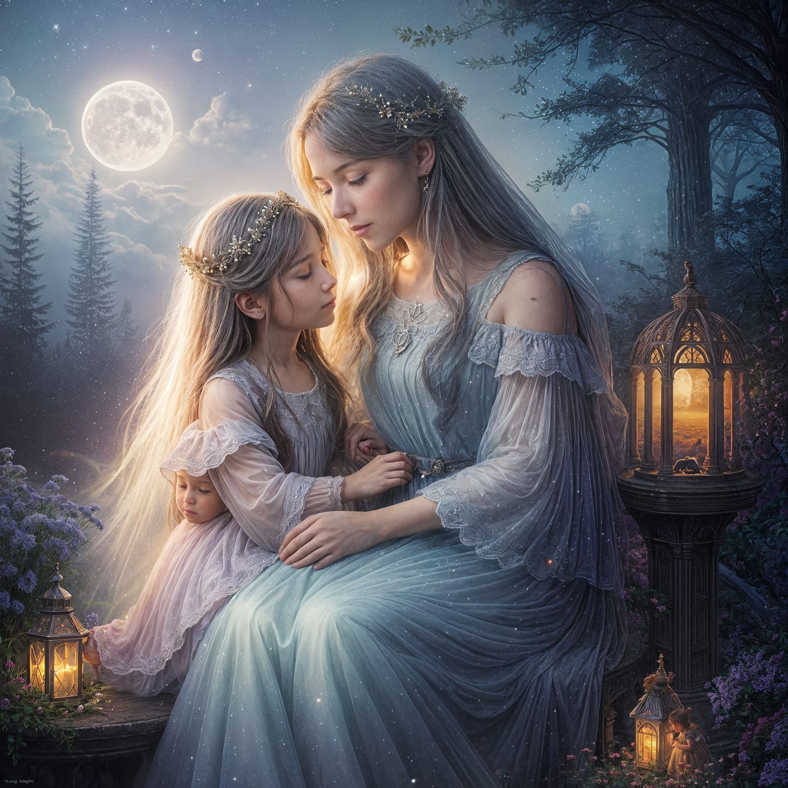 Ethereal Moonlit Mother and Child in Galaxy
